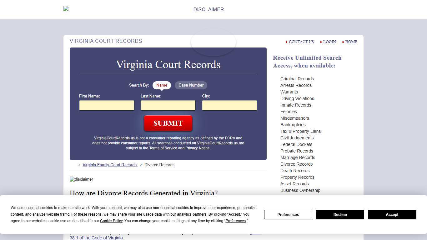 Virginia Divorce Records Search VirginiaCourtRecords.us